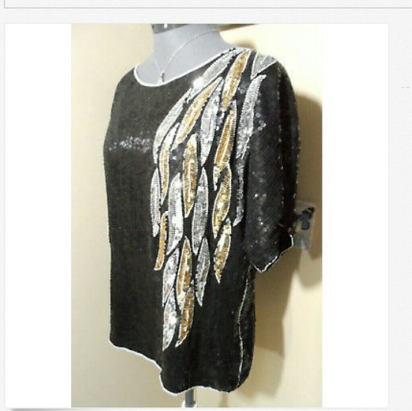 JOSEPH LE BON 100% Silk Sequin Top M Black Leaves Vintage - Picture 5 of 7